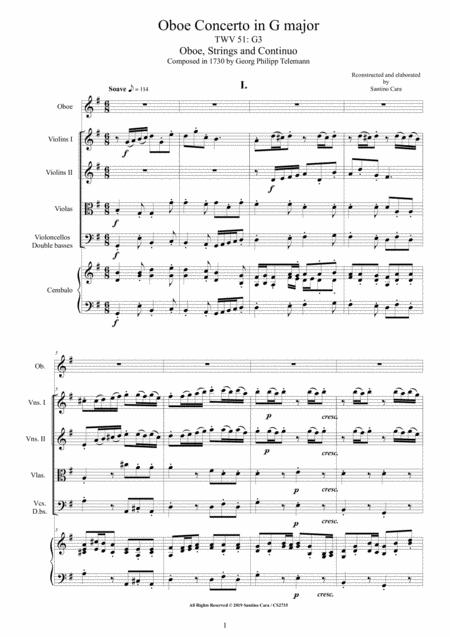 Telemann Oboe Concerto In G Major Twv 51 G3 For Oboe Strings And Cembalo Sheet Music