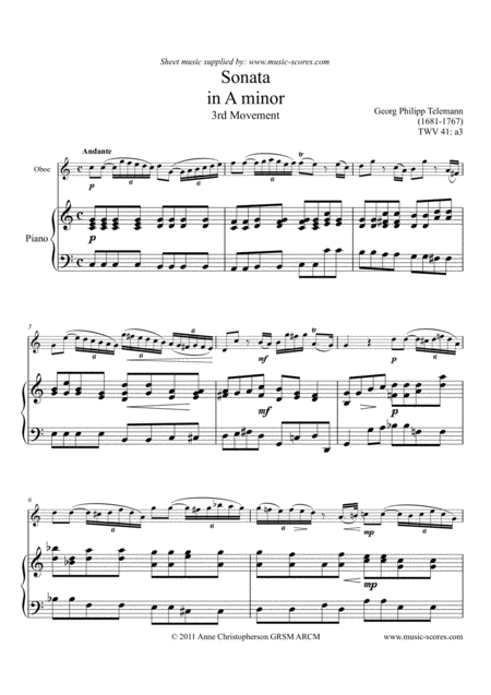 Free Sheet Music Telemann Sonata In A Minor Twv 41 A3 3rd Movement Oboe And Piano