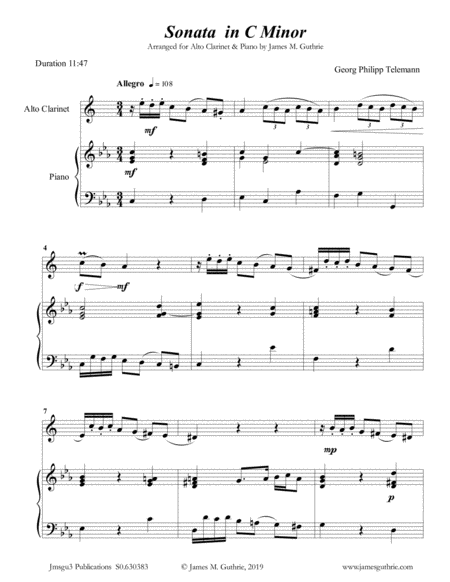 Free Sheet Music Telemann Sonata In C Minor For Alto Clarinet Piano