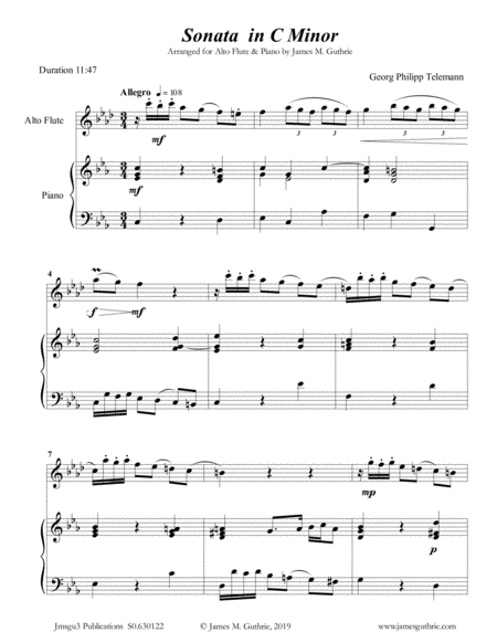 Free Sheet Music Telemann Sonata In C Minor For Alto Flute Piano