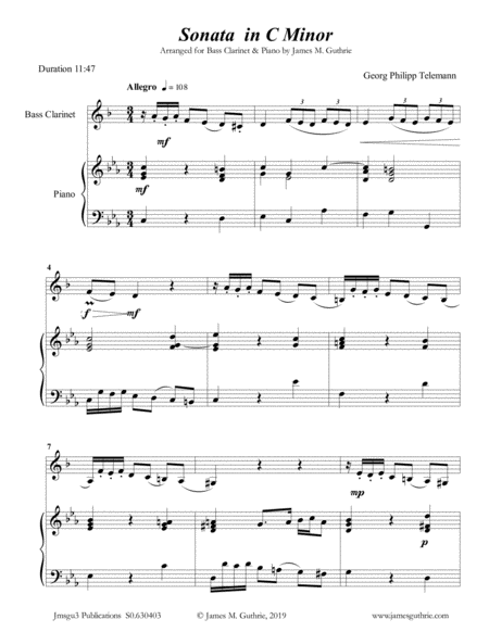 Telemann Sonata In C Minor For Bass Clarinet Piano Sheet Music