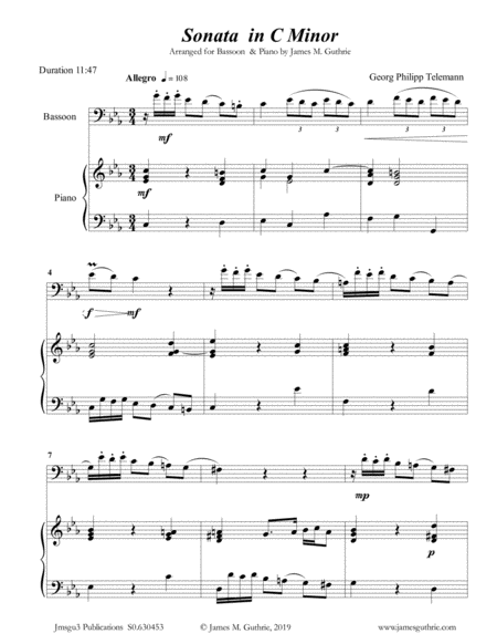 Telemann Sonata In C Minor For Bassoon Piano Sheet Music