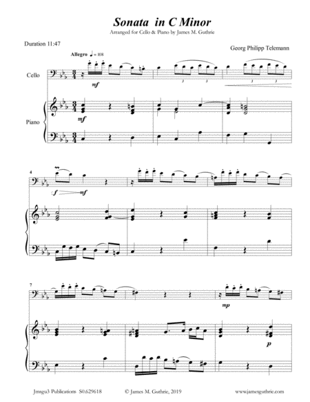 Telemann Sonata In C Minor For Cello Piano Sheet Music