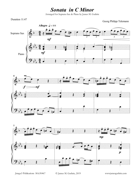 Telemann Sonata In C Minor For Soprano Sax Piano Sheet Music