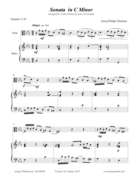 Telemann Sonata In C Minor For Viola Piano Sheet Music