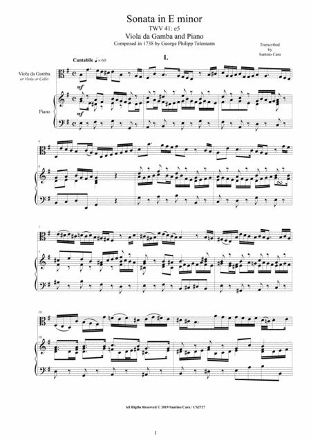 Telemann Sonata In E Minor Twv 41 E5 For Viola Da Gamba And Piano Sheet Music