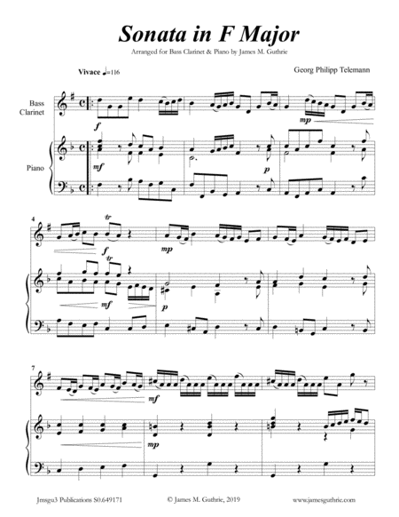 Free Sheet Music Telemann Sonata In F Major For Bass Clarinet Piano