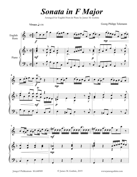 Telemann Sonata In F Major For English Horn Piano Sheet Music