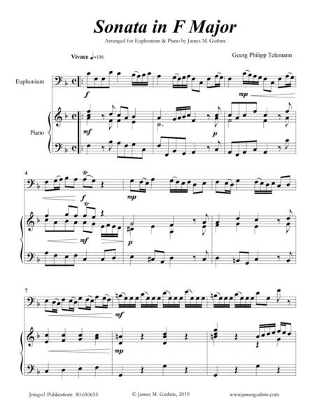 Telemann Sonata In F Major For Euphonium Piano Sheet Music