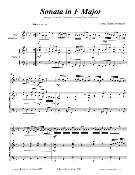 Telemann Sonata In F Major For Oboe D Amore Piano Sheet Music