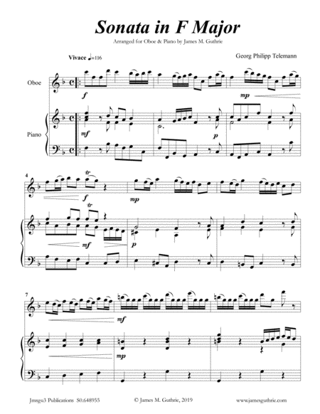 Telemann Sonata In F Major For Oboe Piano Sheet Music