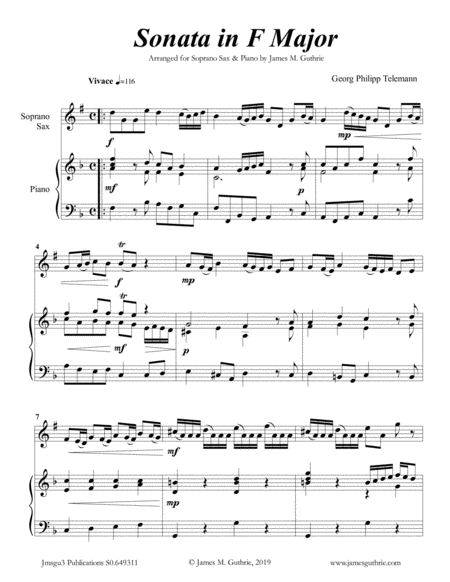 Telemann Sonata In F Major For Soprano Sax Piano Sheet Music