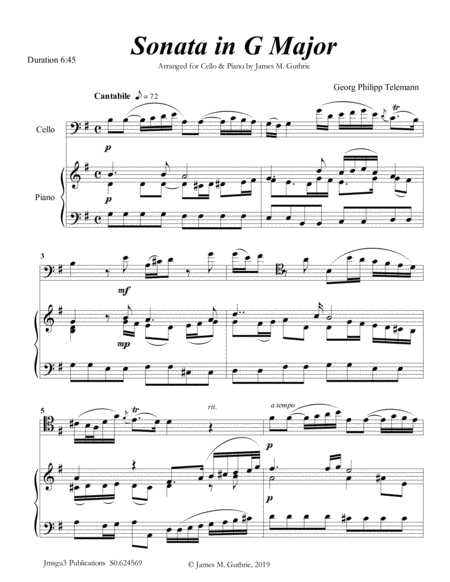 Free Sheet Music Telemann Sonata In G Major For Cello Piano