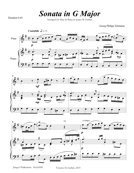 Telemann Sonata In G Major For Flute Piano Sheet Music