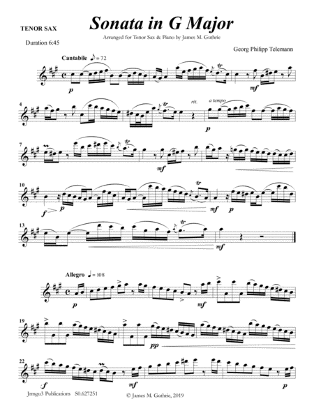 Telemann Sonata In G Major For Tenor Sax Piano Sheet Music