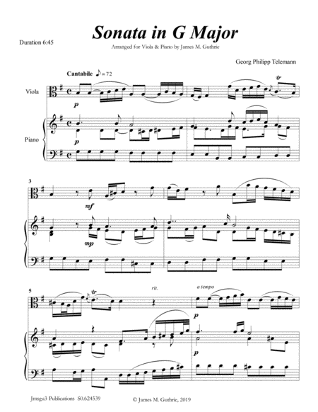 Free Sheet Music Telemann Sonata In G Major For Viola Piano