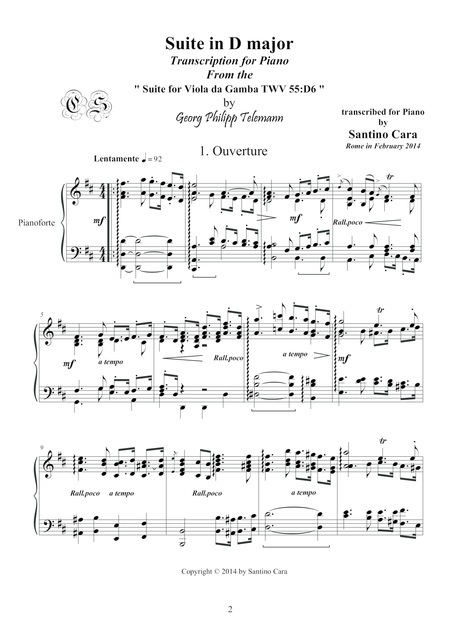 Free Sheet Music Telemann Suite In D Major For Piano Twv 55 D6 Full