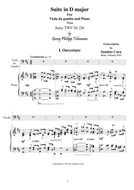 Telemann Suite In D Major Twv 55 D6 For Viola Da Gamba And Piano Sheet Music