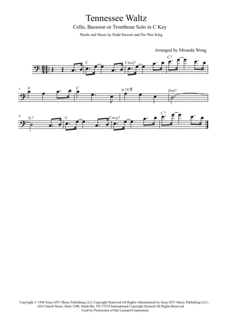 Free Sheet Music Tennessee Waltz Cello Or Double Bass Solo In C Key With Chords