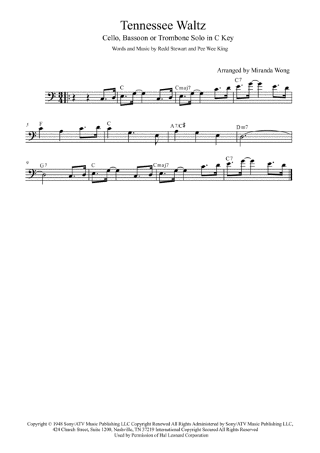 Tennessee Waltz Cello Or Double Bass Solo In C Key With Chords Sheet Music