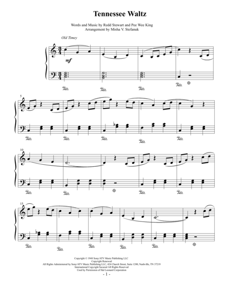 Tennessee Waltz Easy Piano Solo Sheet Music