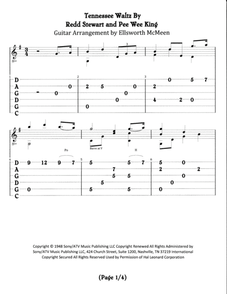 Free Sheet Music Tennessee Waltz For Fingerstyle Guitar Tuned Cgdgad