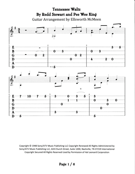 Tennessee Waltz For Fingerstyle Guitar Tuned Drop D Sheet Music