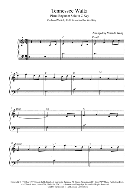 Free Sheet Music Tennessee Waltz Piano Beginner Level In C Key With Chords