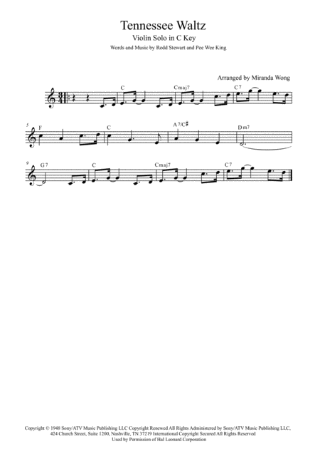 Tennessee Waltz Violin Solo In C Key With Chords Sheet Music