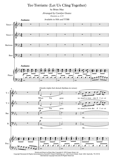 Free Sheet Music Teo Torriatte Let Us Cling Together Queen For Ttbb Piano