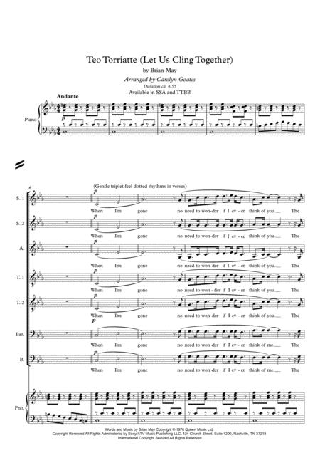 Free Sheet Music Teo Torriatte Llet Us Cling Together Queen For Ssaattbb Piano