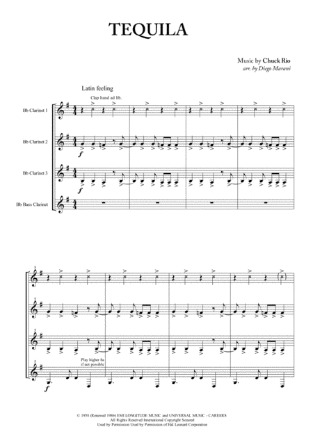 Tequila For Clarinet Quartet Sheet Music