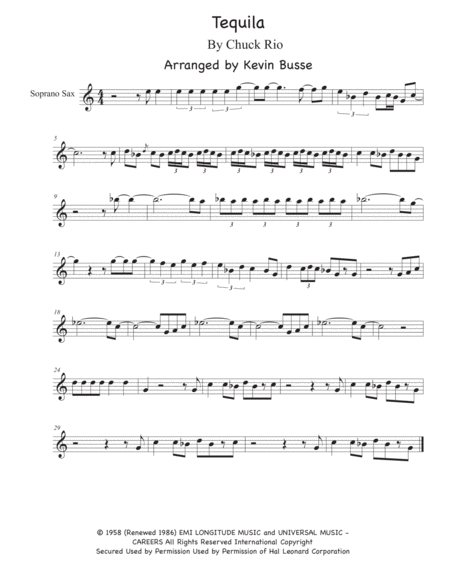 Tequila Sax Solo Easy Key Of C Soprano Sax Sheet Music