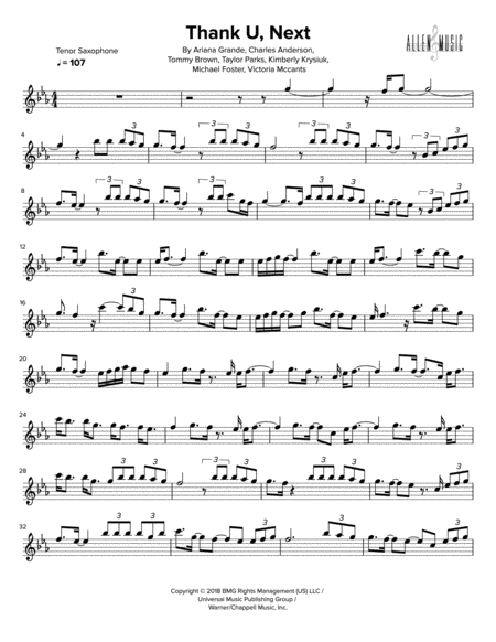 Thank U Next Tenor Saxophone Sheet Music