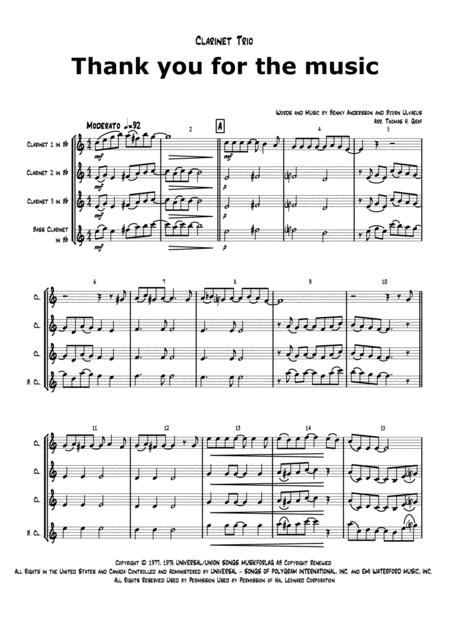 Free Sheet Music Thank You For The Music Abba Clarinet Trio