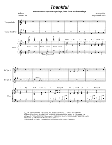 Thankful Duet For Bb Trumpet Sheet Music