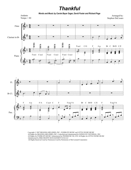 Thankful Duet For Flute And Bb Clarinet Sheet Music