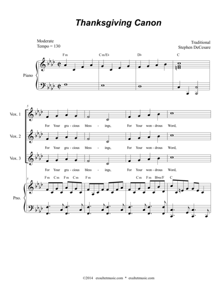 Free Sheet Music Thanksgiving Canon