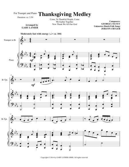 Thanksgiving Medley Bb Trumpet Piano With Trumpet Part Sheet Music