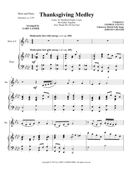 Thanksgiving Medley F Horn Piano With Horn Part Sheet Music