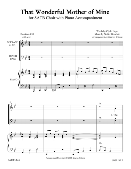 Free Sheet Music That Wonderful Mother Of Mine For Satb Choir With Piano Accompaniment