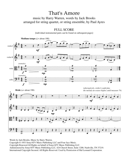 Free Sheet Music Thats Amore Arranged For String Quartet Or Ensemble