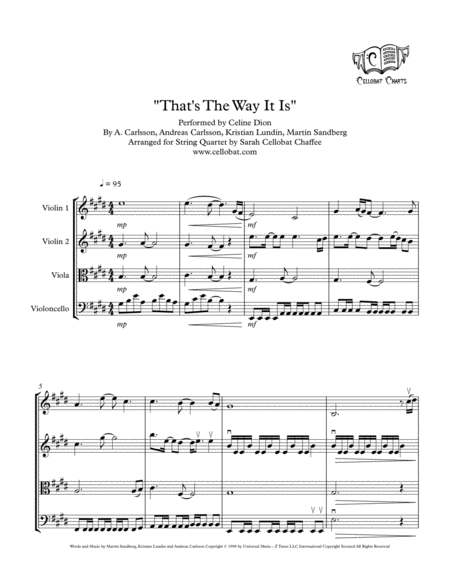 Thats The Way It Is String Quartet Celine Dion Arr Cellobat Sheet Music