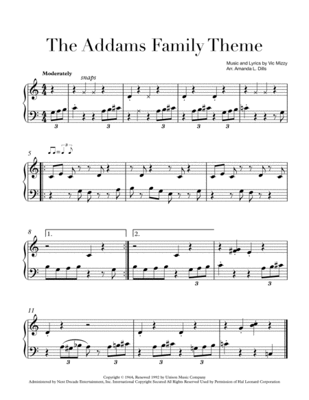 Free Sheet Music The Addams Family Theme Easy Piano