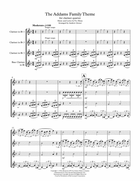 Free Sheet Music The Addams Family Theme For Clarinet Quartet