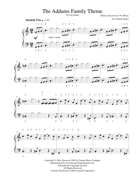 The Addams Family Theme For Easy Piano Sheet Music