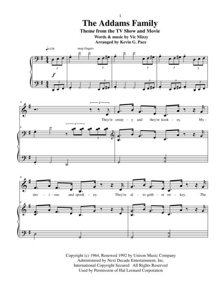 Free Sheet Music The Addams Family Theme Song Easy Piano Solo