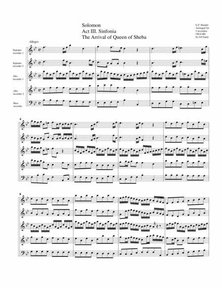 The Arrival Of Queen Of Sheba From Solomon Arrangement For 5 Recorders Sheet Music