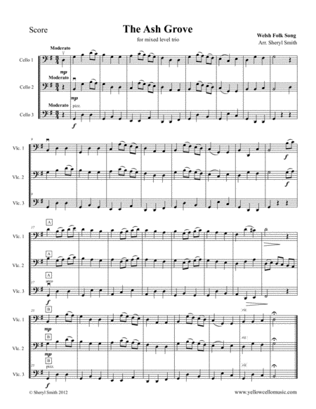 Free Sheet Music The Ash Grove A Welsh Folk Song For Mixed Level Cello Trio