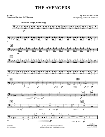 The Avengers Arr Johnnie Vinson Pt 5 Trombone Bar B C Bsn Sheet Music